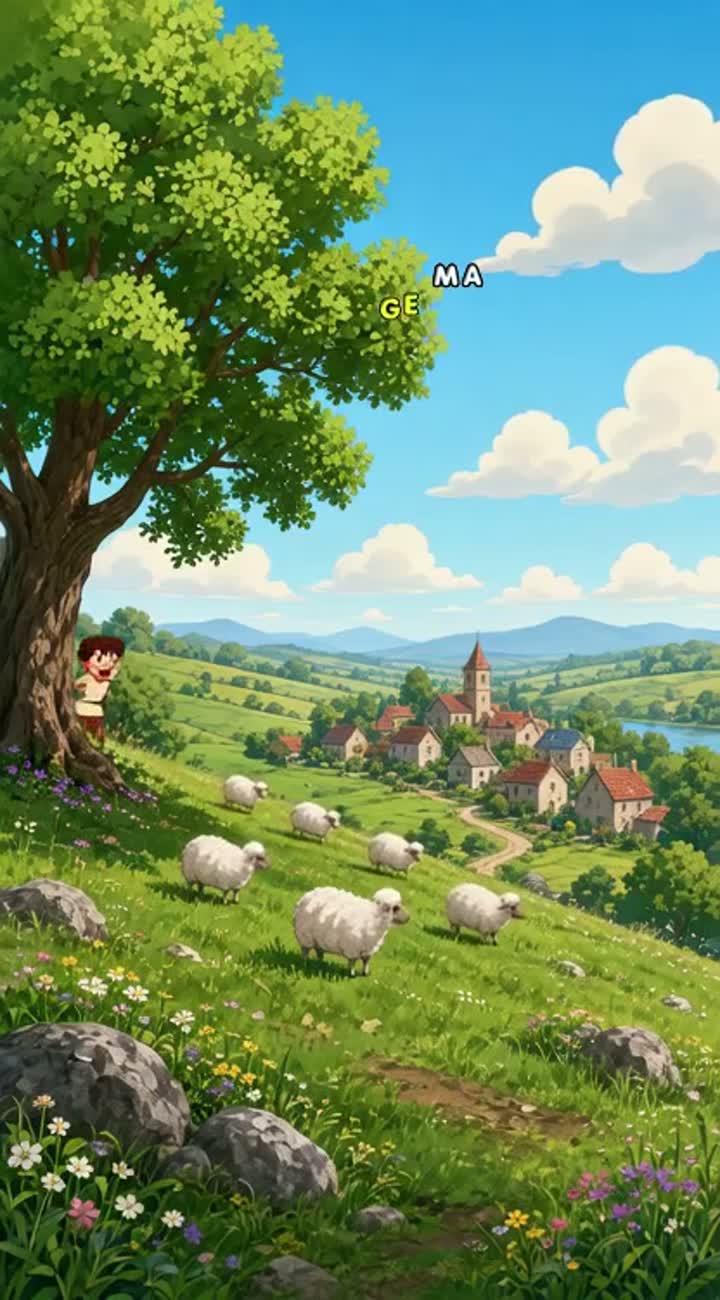 Once upon a time, a young shepherd boy was minding his sheep near… — AI cartoon