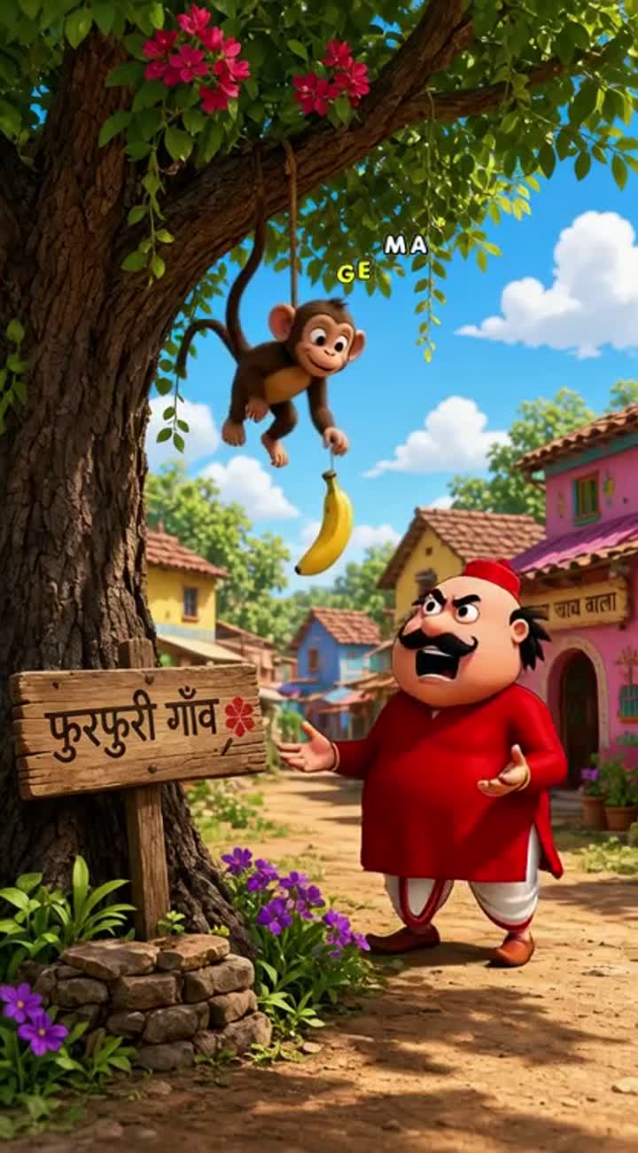 Motu, a hungry cartoon character, stands in a vibrant… — AI cartoon