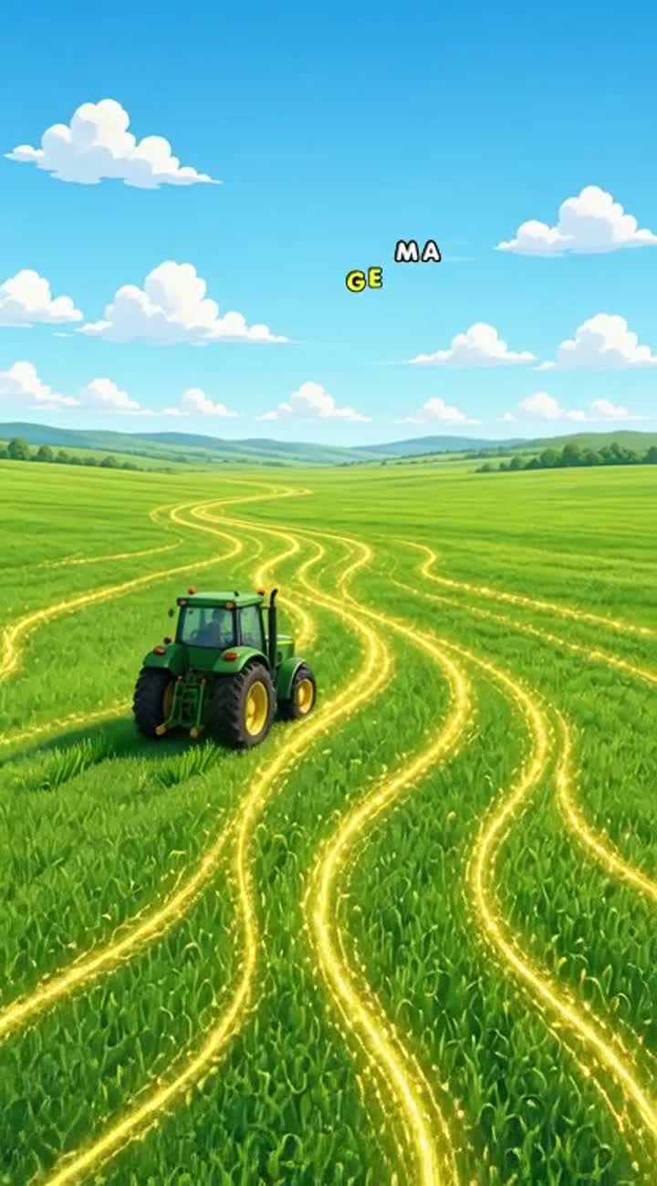 Cadru larg: Tractorul tău mergând pe un câmp imens de iarbă verde… — AI cartoon