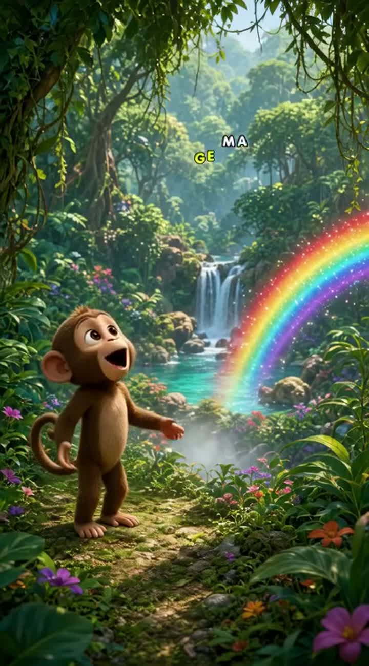 A cute little monkey named Milo discovers a magical rainbow… — AI cartoon