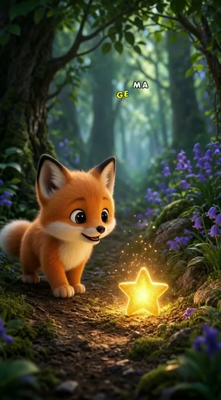 A cute orange baby fox finds a glowing golden star in a magical forest — AI cartoon