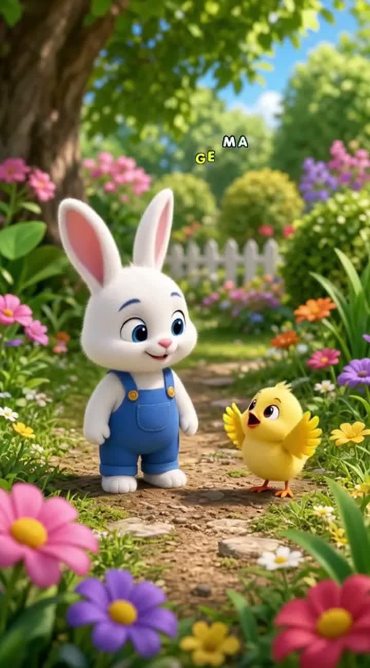 A cute white baby rabbit wearing blue overalls meets a tiny yellow… — AI cartoon
