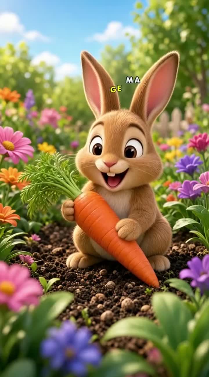 A cute brown bunny happily picks up a big orange carrot… — AI cartoon