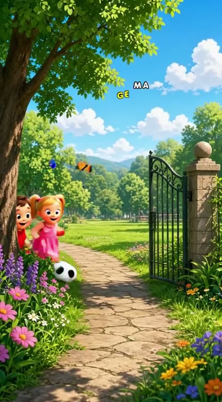 A group of cute little children playing happily in a beautiful… — AI cartoon