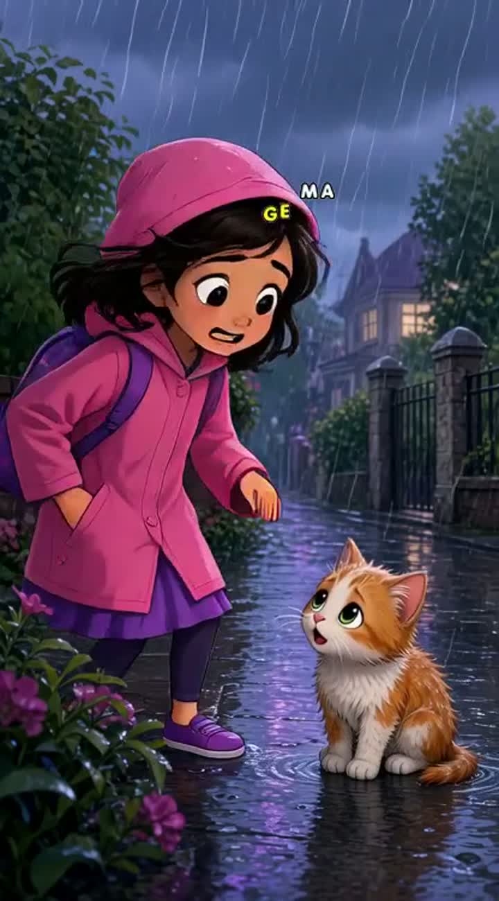 Larki ko baarish mein akeli billi milti hai — AI cartoon