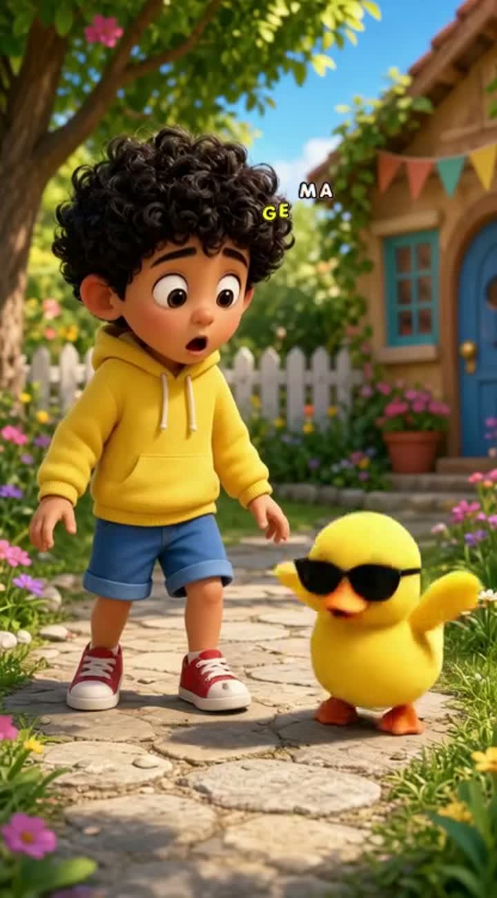 Story: The little boy discovers a tiny yellow duck wearing… — AI cartoon