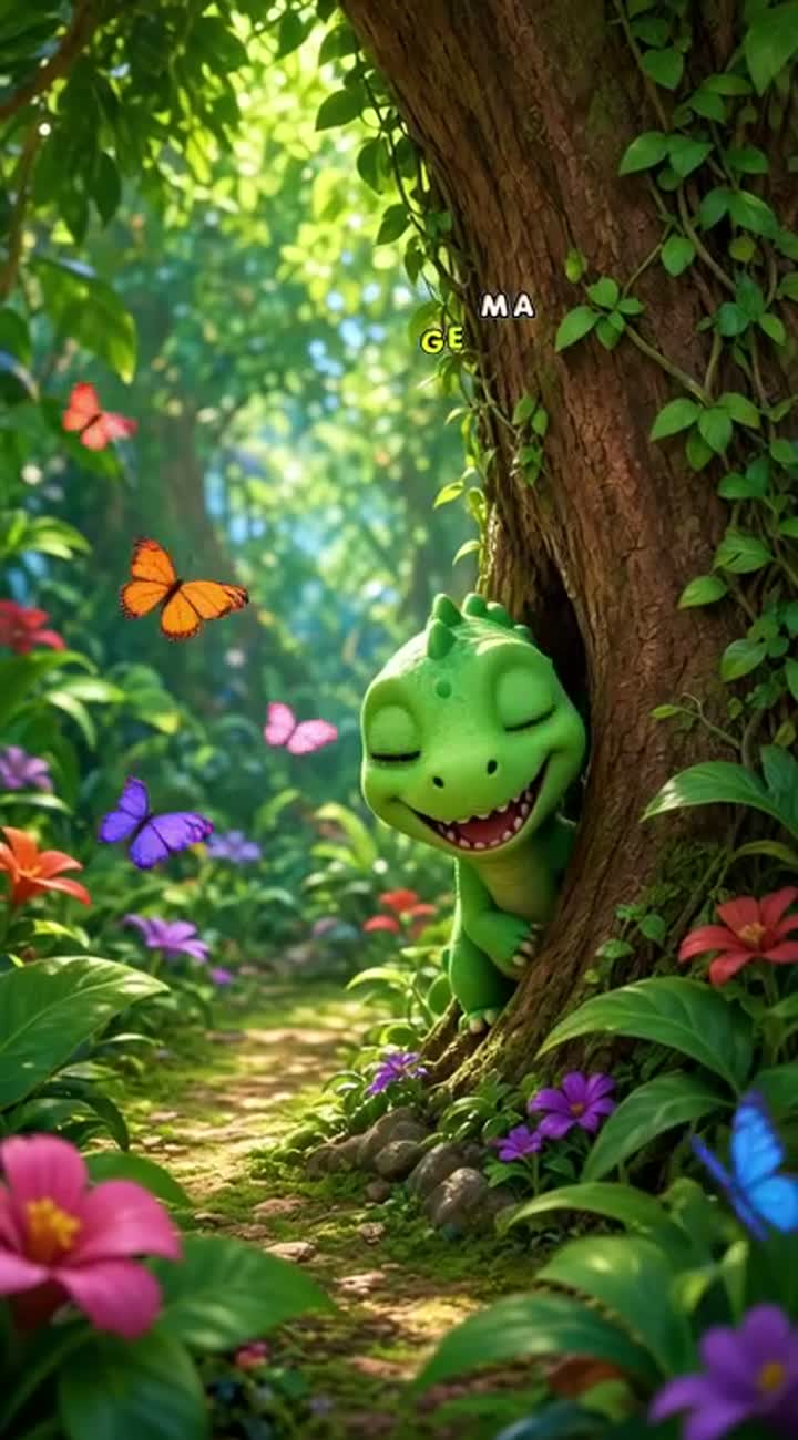 Cute green baby dinosaur playing hide-and-seek in a colorful… — AI cartoon