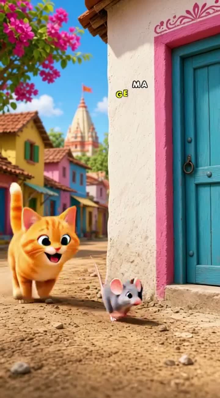 A funny orange cat chases a clever little gray mouse through… — AI cartoon