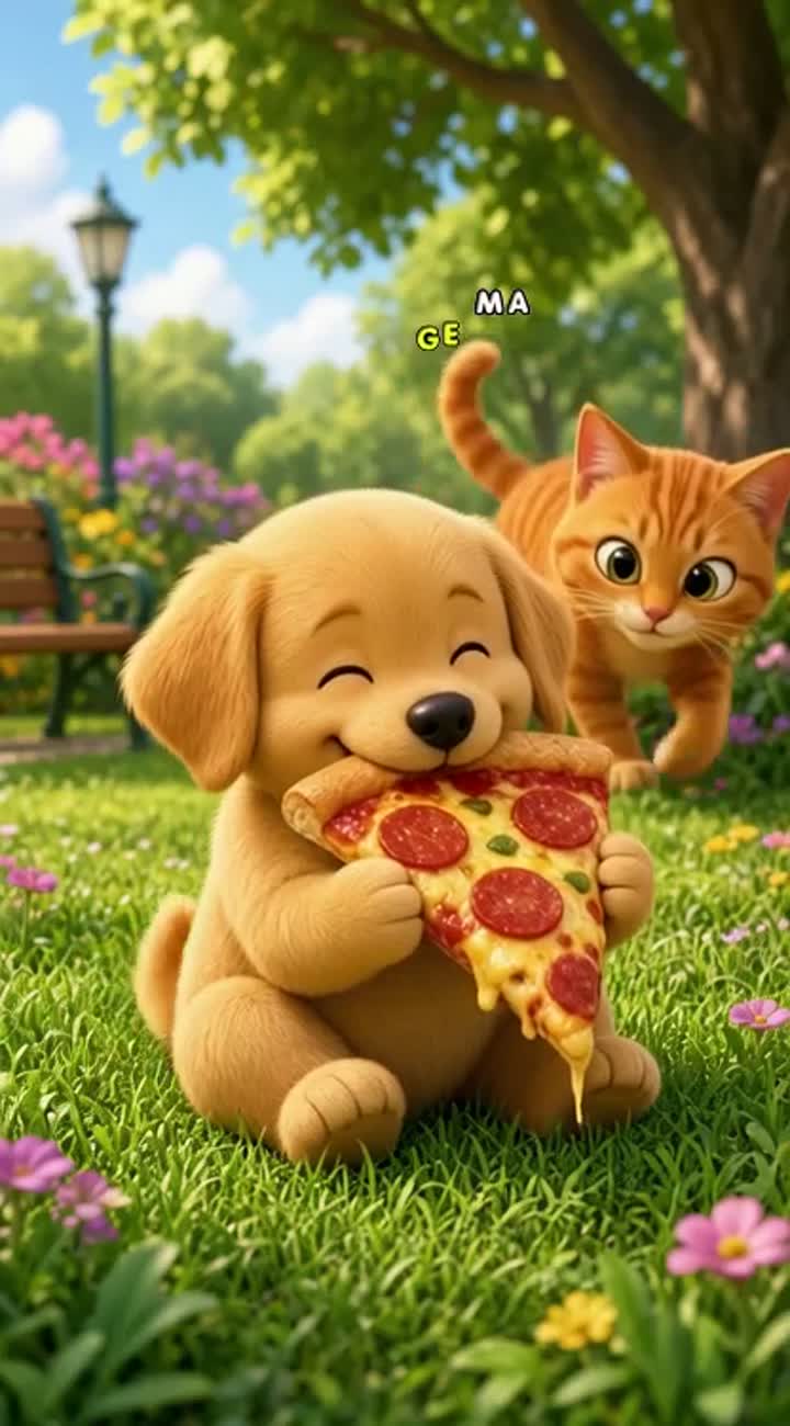 A cute chubby golden dog sits in a colorful park holding a big… — AI cartoon