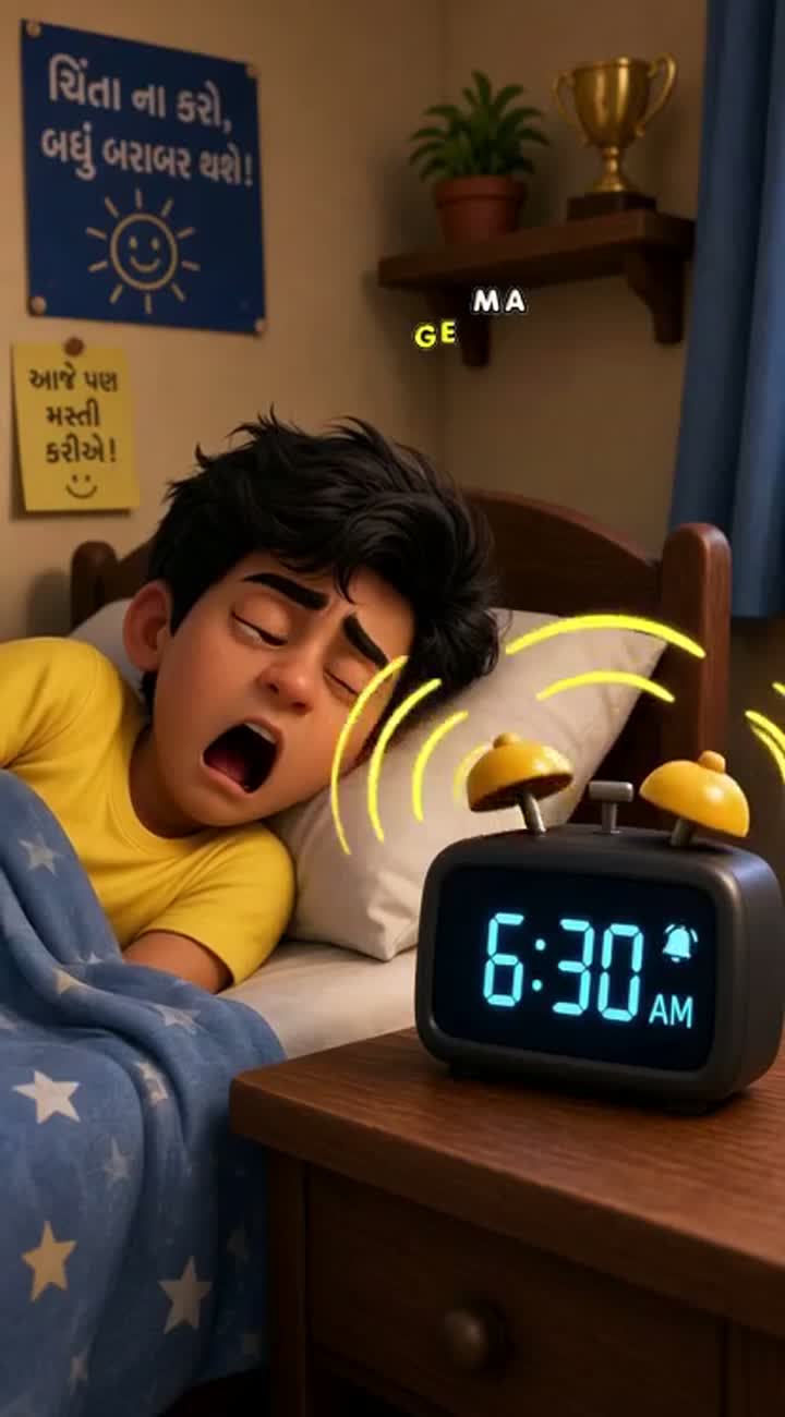 A smart digital alarm clock sits beside his bed — AI cartoon