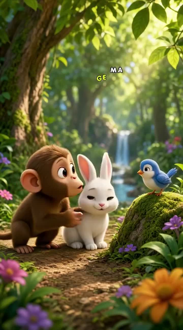 A cute baby monkey and a little rabbits become best friends… — AI cartoon