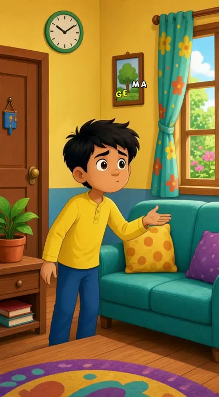 Scene 1 ek colourful cartoon house hai — AI cartoon