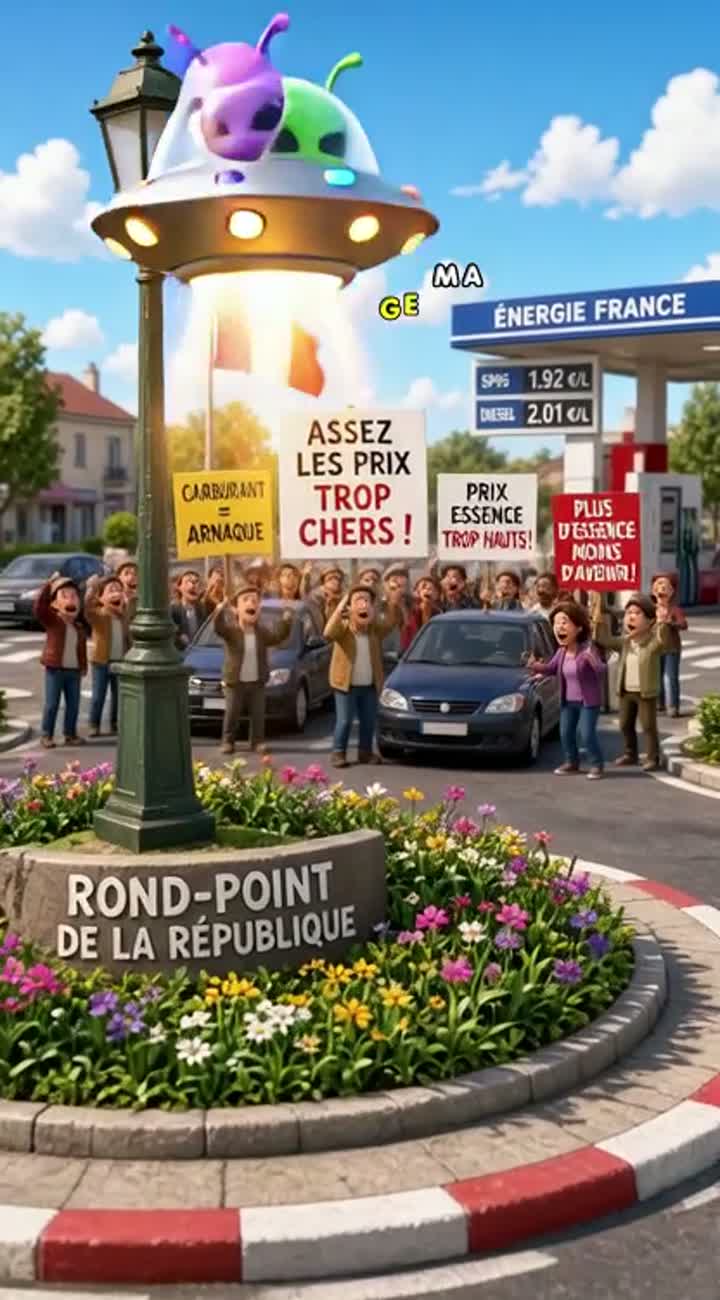 Two funny cartoon aliens land on a French roundabout during… — AI cartoon