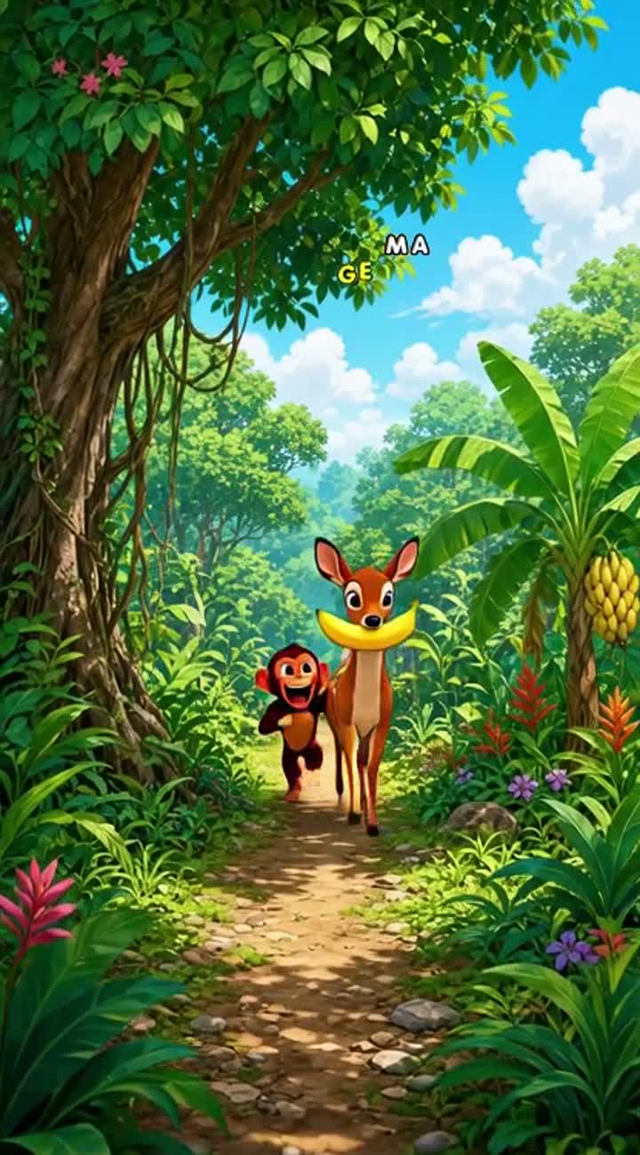 A monkey is chasing a deer very closely and persistently… — AI cartoon