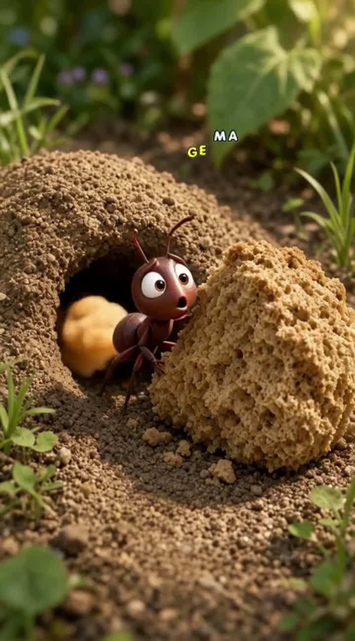 A tiny ant crawls out of its anthill and discovers a giant… — AI cartoon
