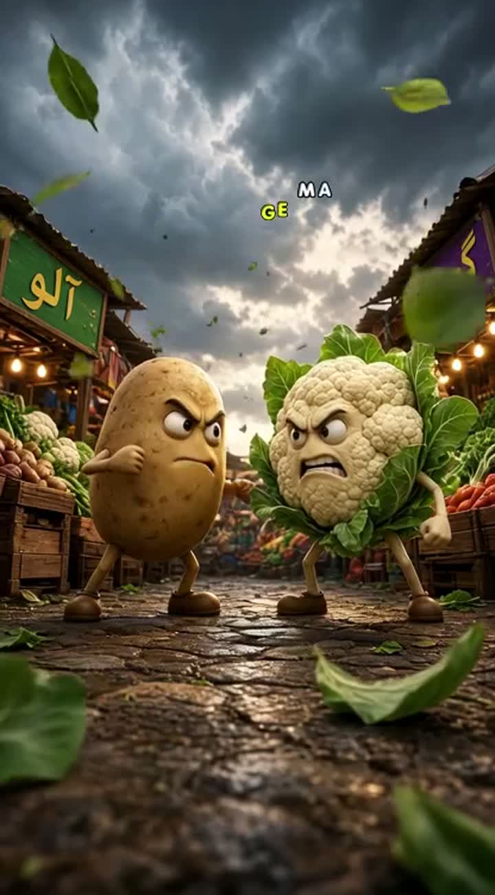 Epic 3D cartoon finale, Aloo and Gobhi standing dramatically… — AI cartoon