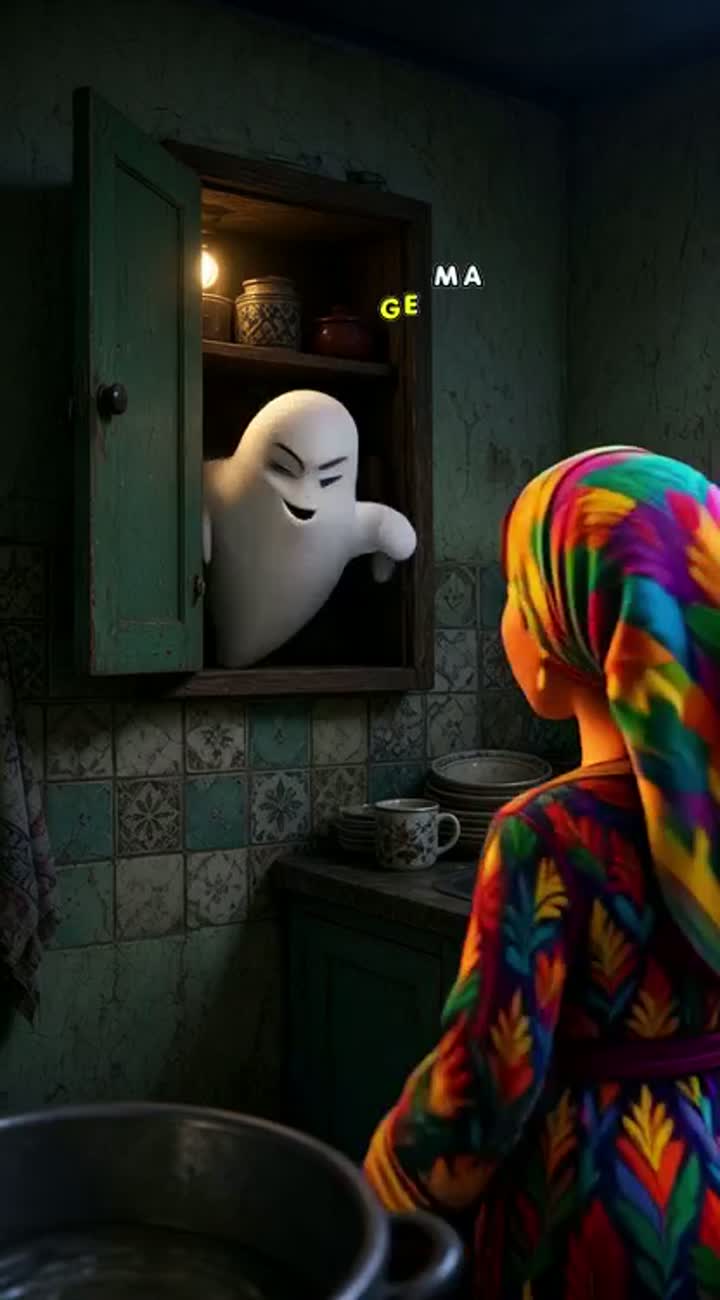 A small silly white ghost appears from a kitchen cupboard — AI cartoon