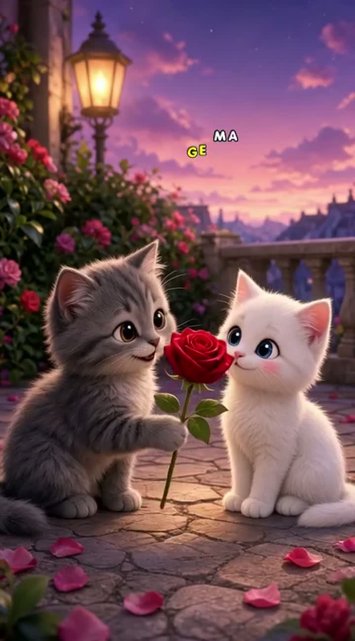 A fluffy kitten gently giving a beautiful red rose to a cute white… — AI cartoon