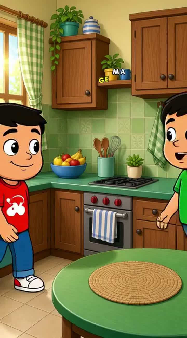 Funny cartoon conversation between two friends in a kitchen — AI cartoon