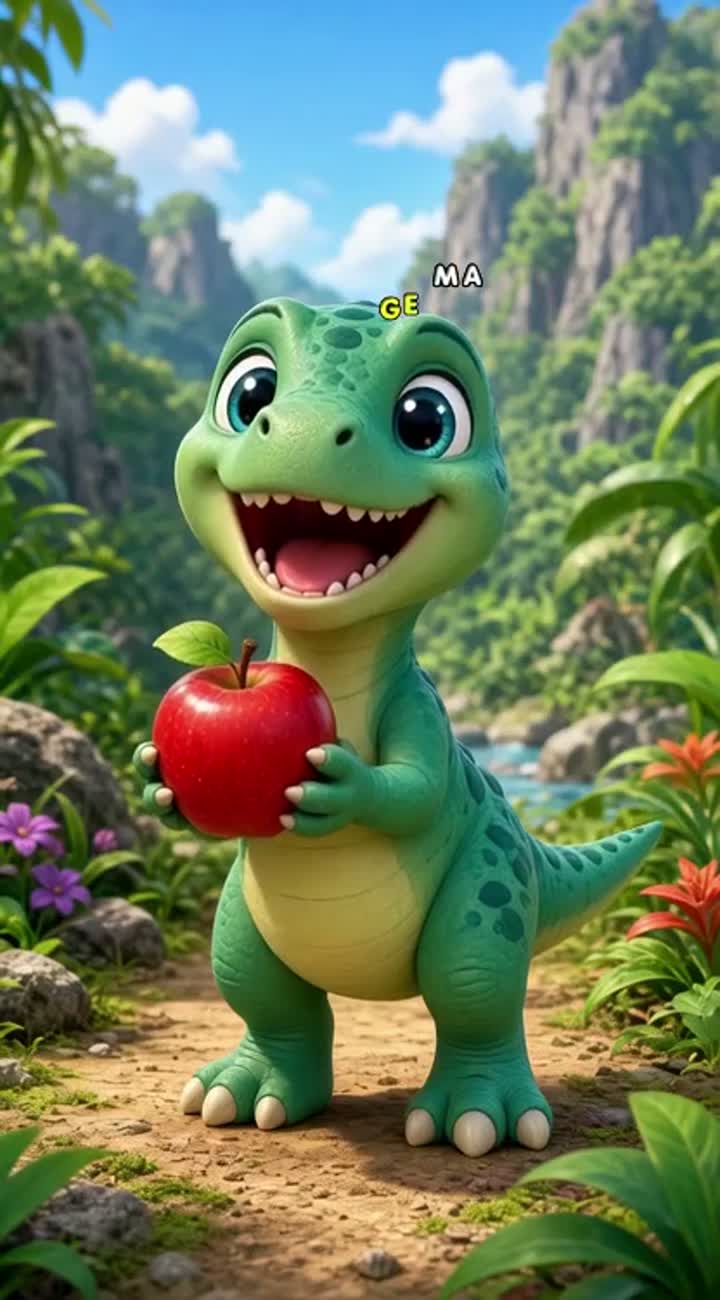 The baby dinosaur picks up one red apple, holds it proudly… — AI cartoon