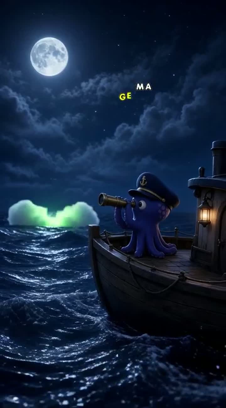 A dark-blue sea at night beneath a full moon — AI cartoon