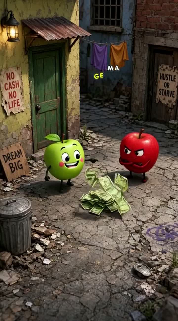 Name me a Video where a Green Apple a Bad Poor red Apple Money… — AI cartoon