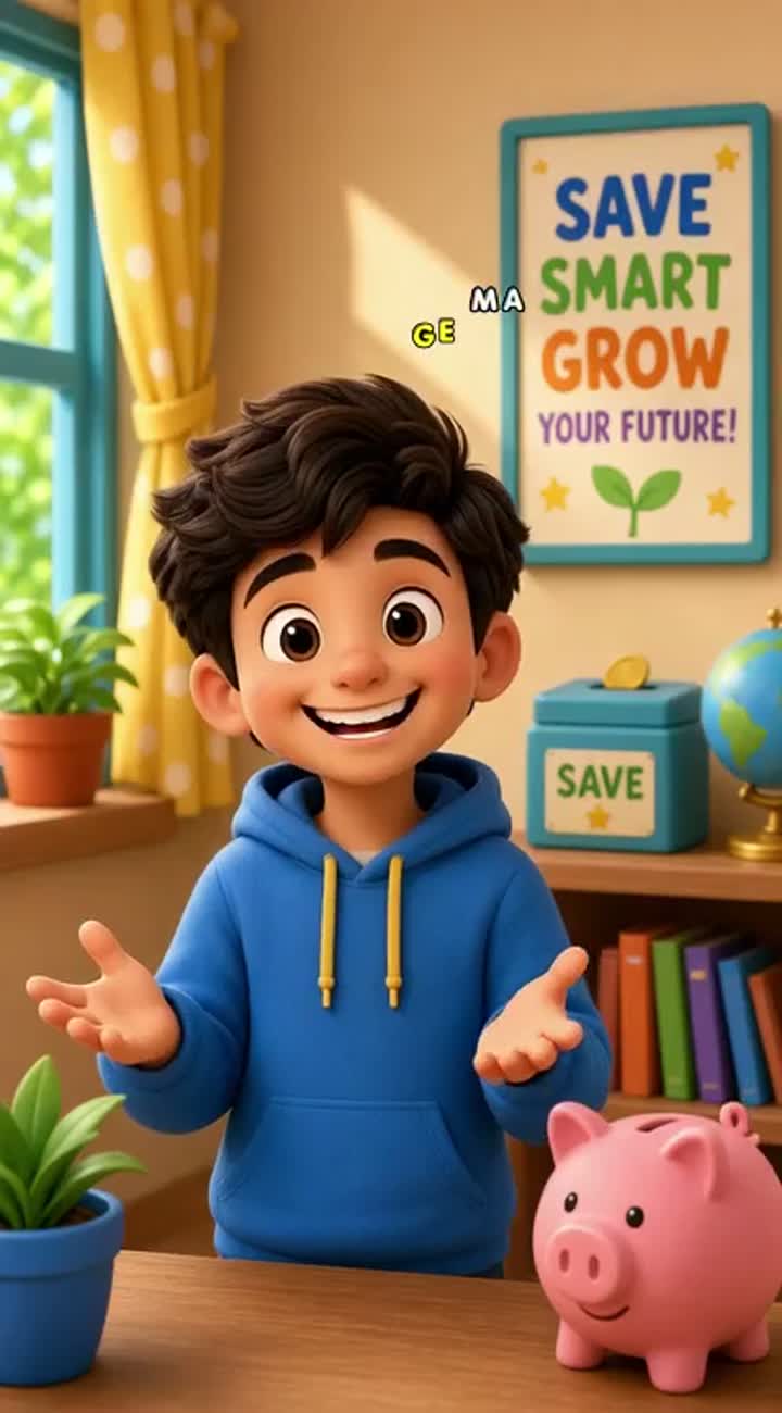 A friendly cartoon boy explaining how to save money — AI cartoon