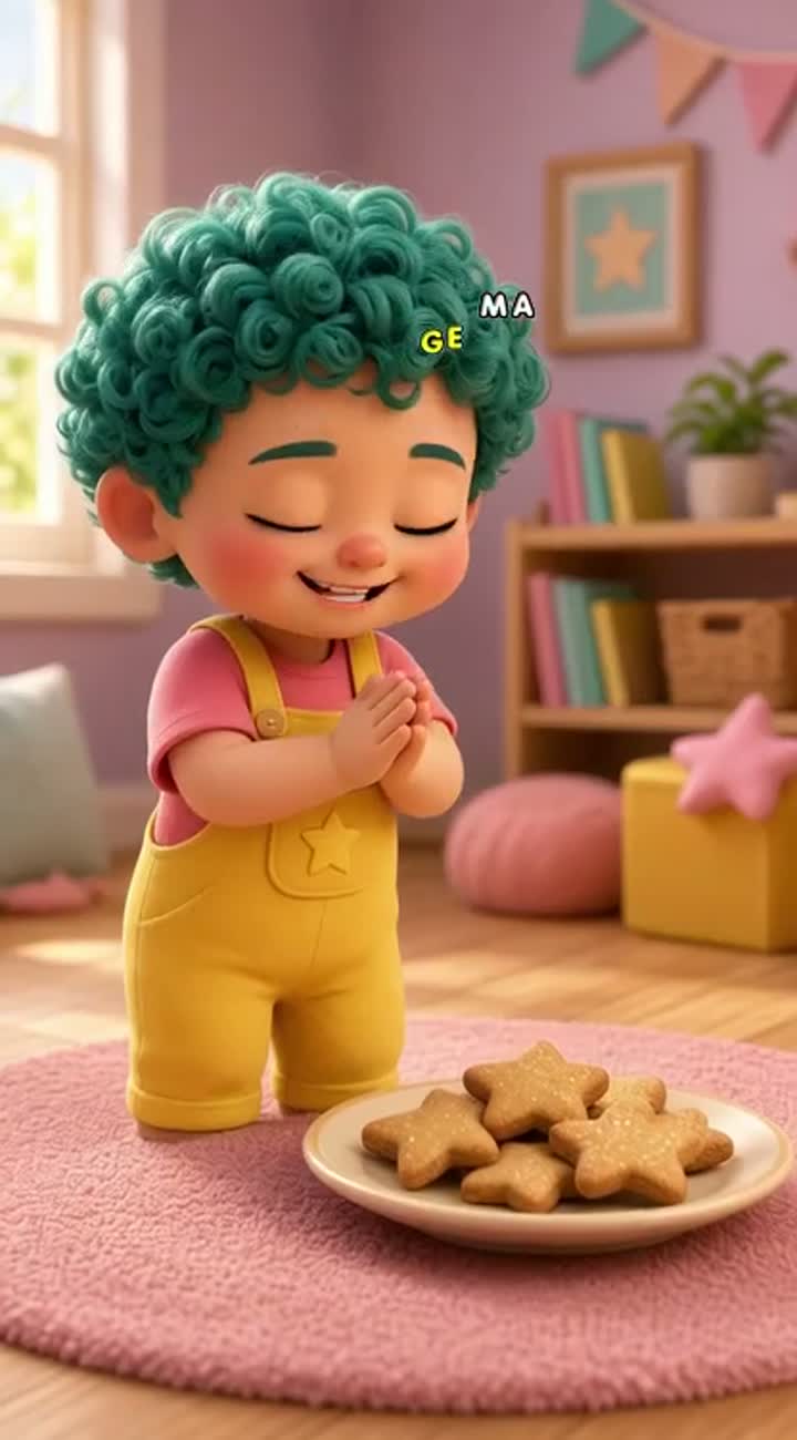 A cute toddler character with short teal curls, big hazel eyes… — AI cartoon