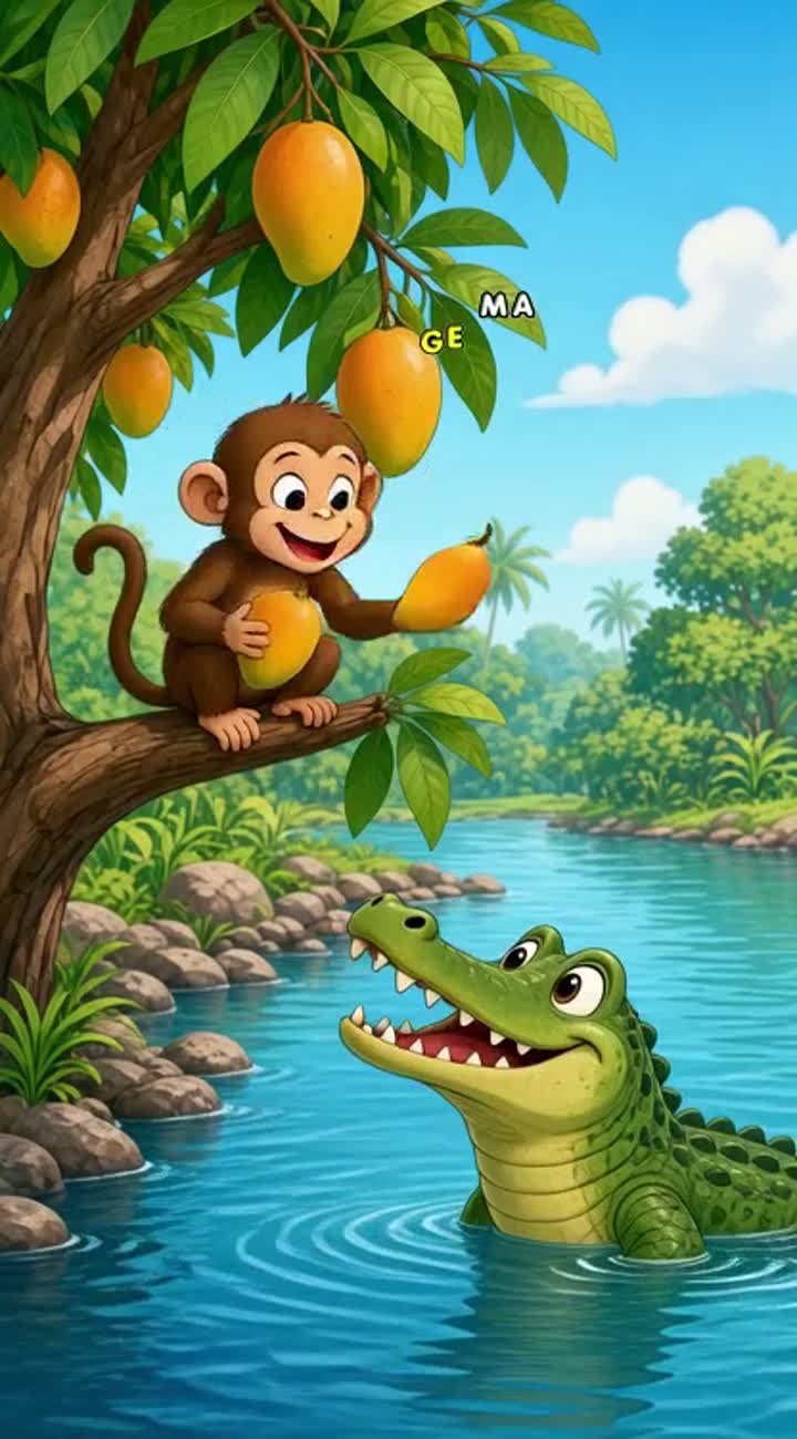 Scene 1: Near a river — AI cartoon
