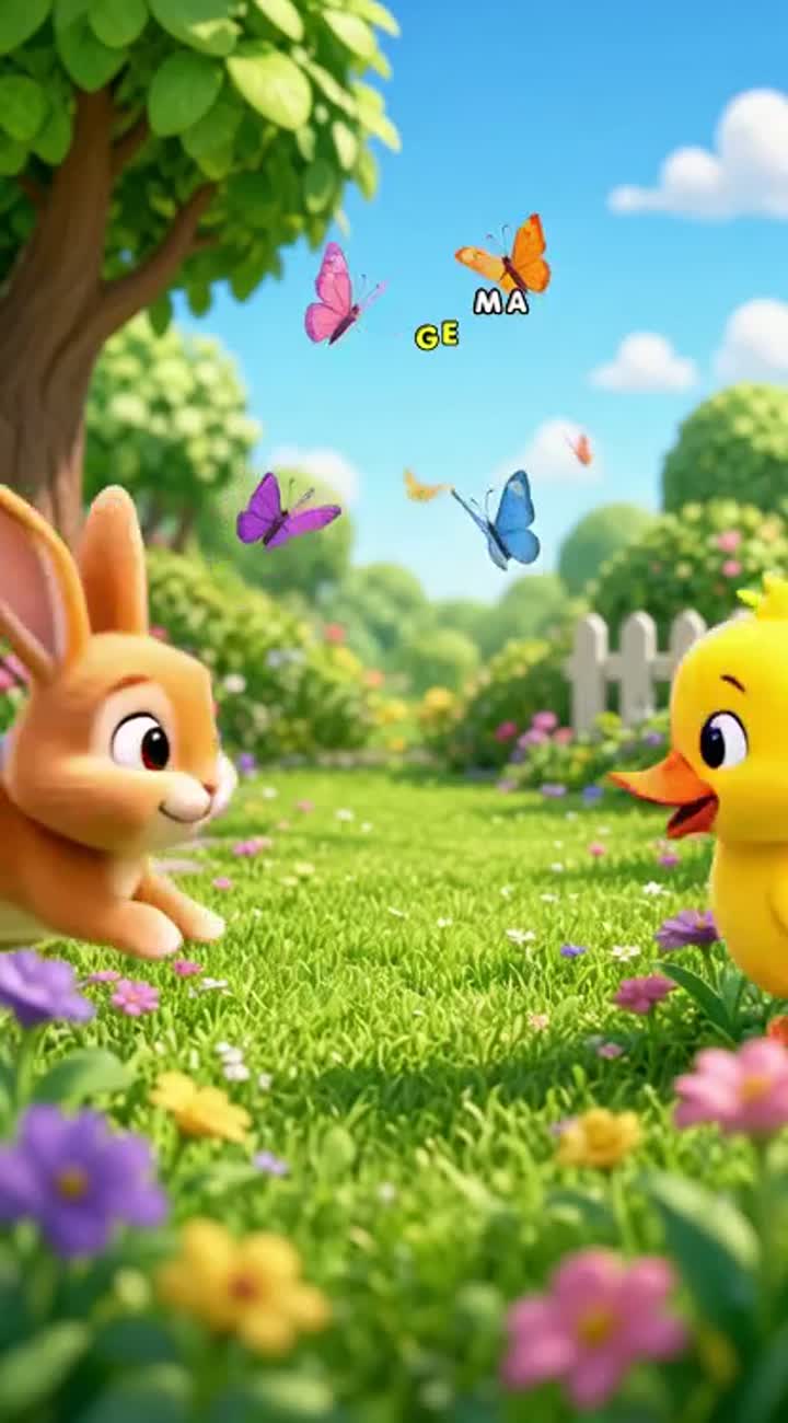 A little brown rabbit and a small yellow duck meet in a beautiful… — AI cartoon