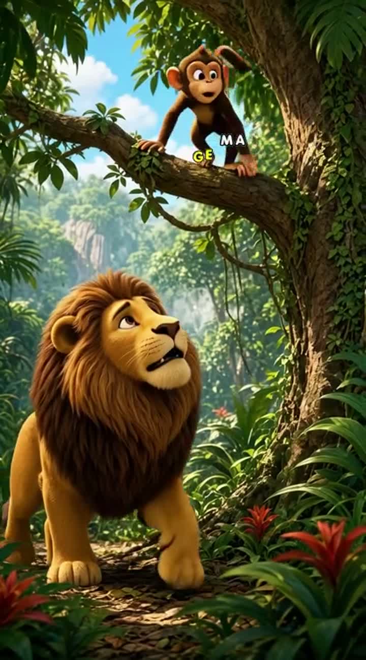 A vibrant, colourful animated cartoon in a lush jungle… — AI cartoon