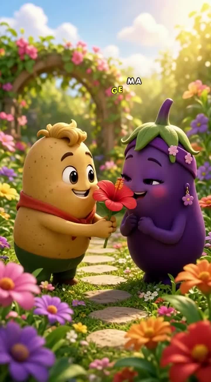 Cute 3D Aloo boy gives a red flower to Baingan girl… — AI cartoon