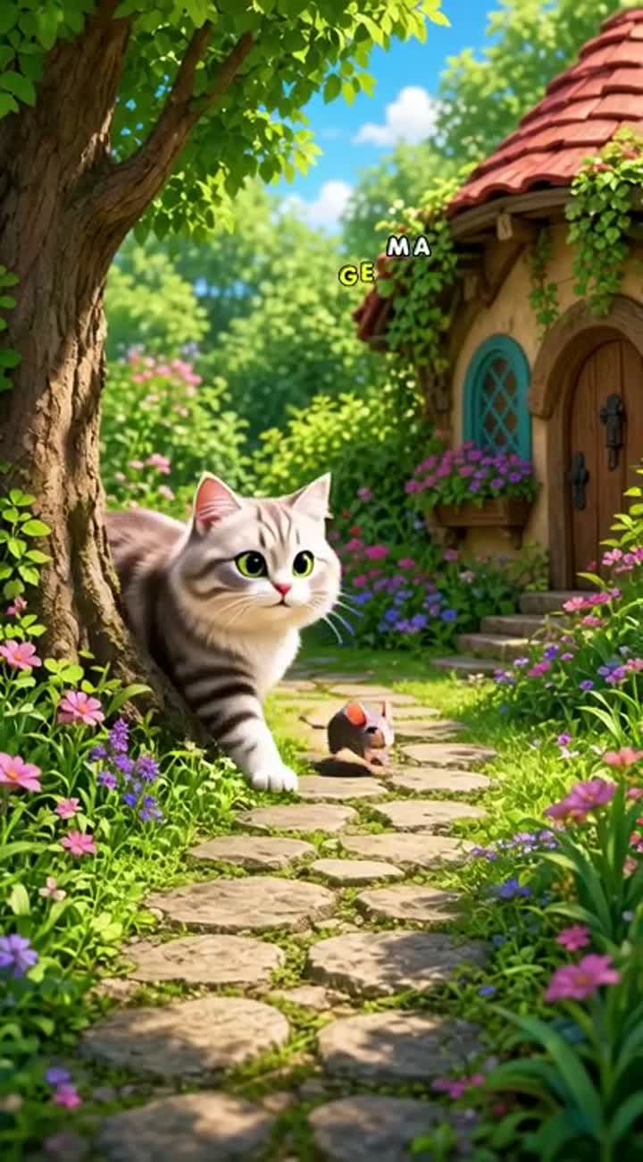 A beautiful cat is walking when it spots a mouse and begins chasing it — AI cartoon