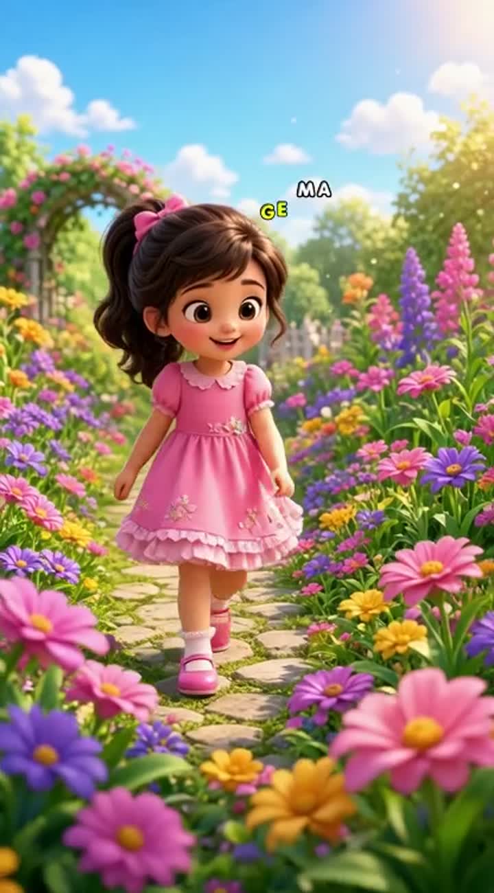 A cute little girl in a beautiful colorful garden… — AI cartoon