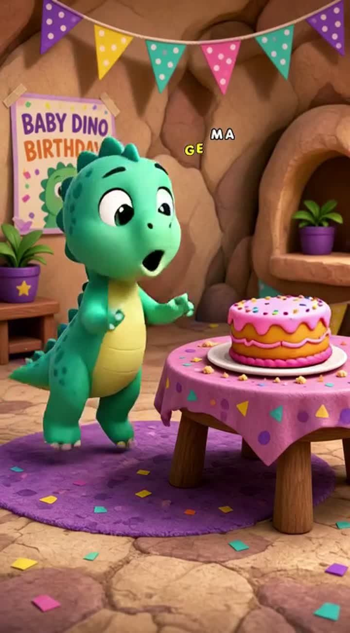 Baby Dino discovers the birthday cake has disappeared! — AI cartoon