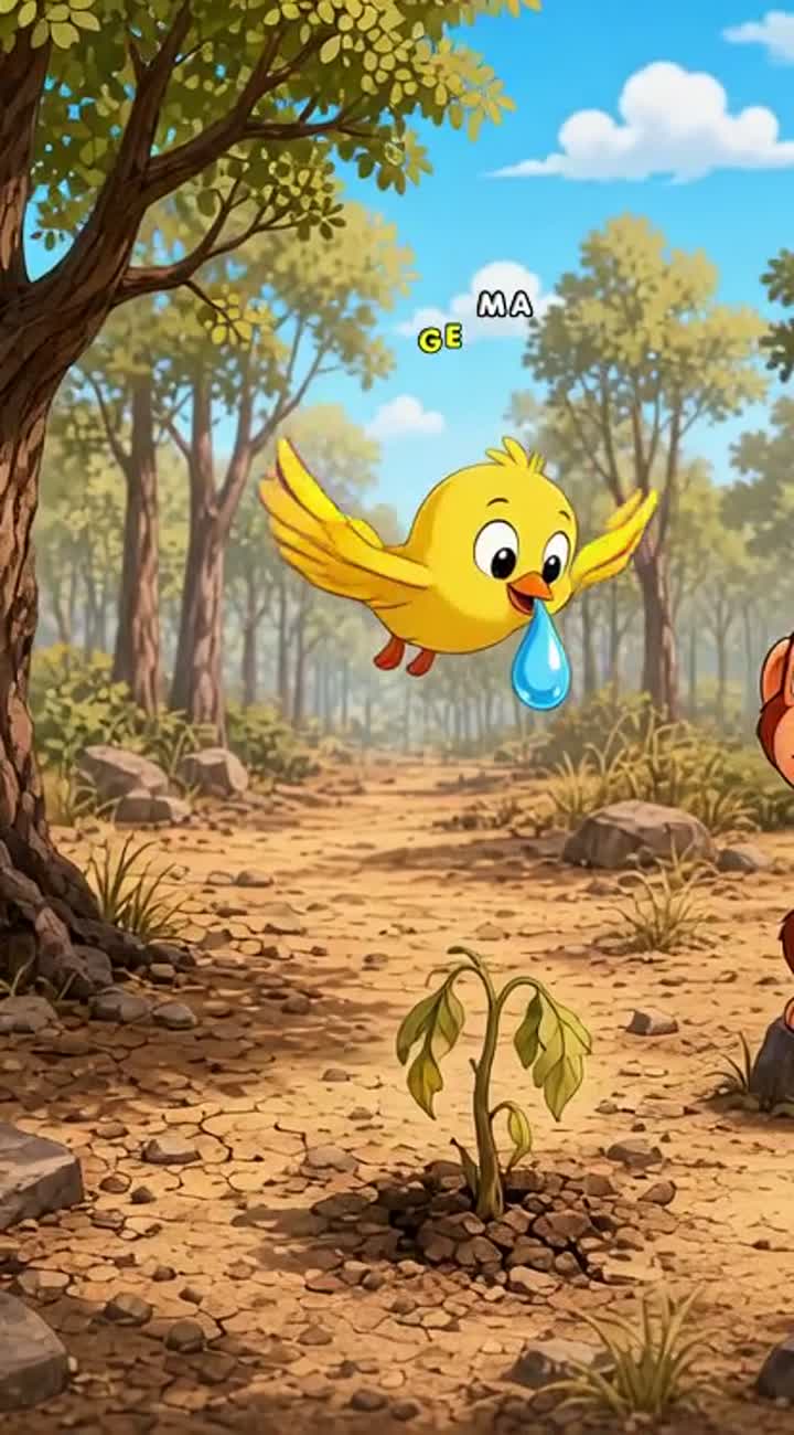 A cute little yellow bird with an orange beak carries a drop… — AI cartoon