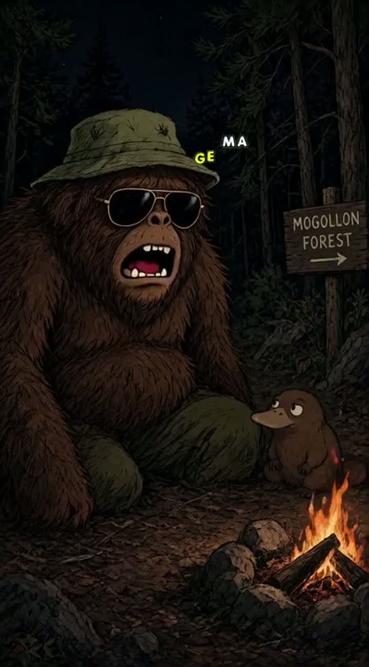 A huge shaggy brown Mogollon Monster named Buzzy… — AI cartoon