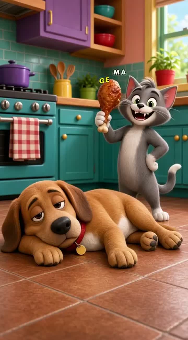 A funny 3D cartoon cat steals a chicken leg from a lazy dog — AI cartoon
