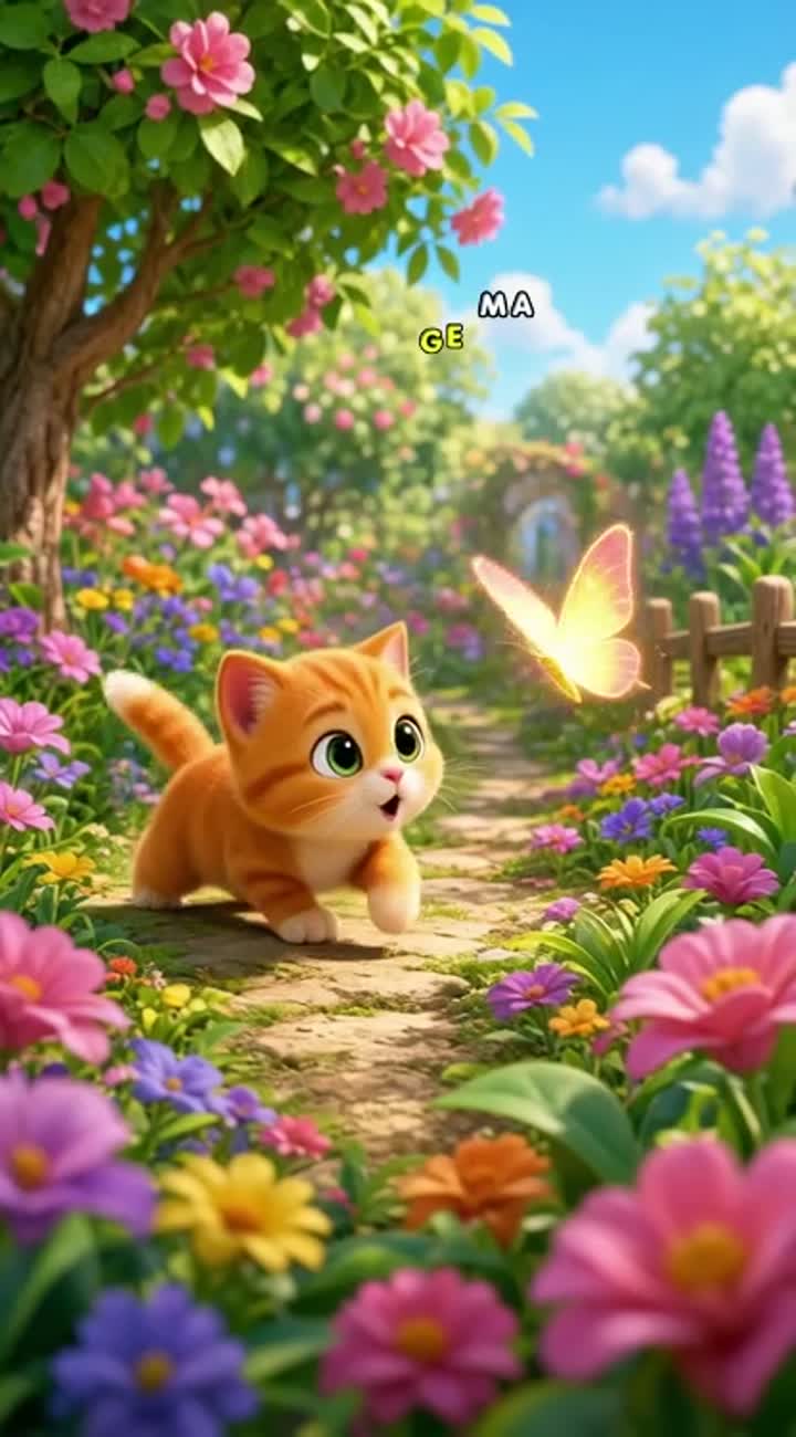 A little orange kitten discovers a magical glowing butterfly… — AI cartoon