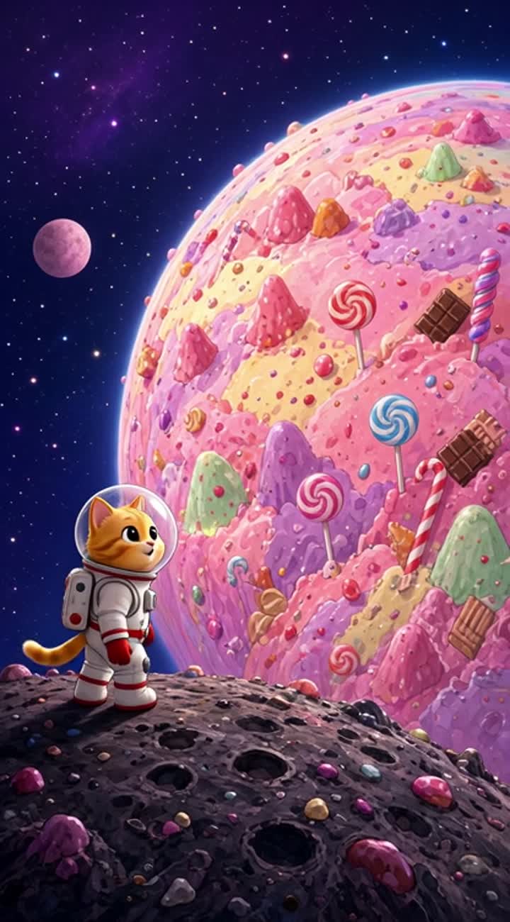 A tiny astronaut cat discovering a candy planet — AI cartoon