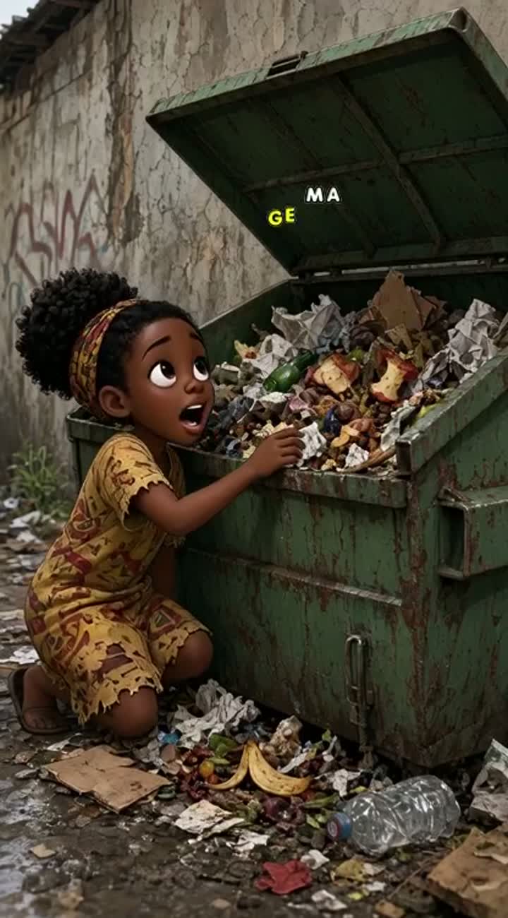A little girl from Africa is looking for something to eat… — AI cartoon