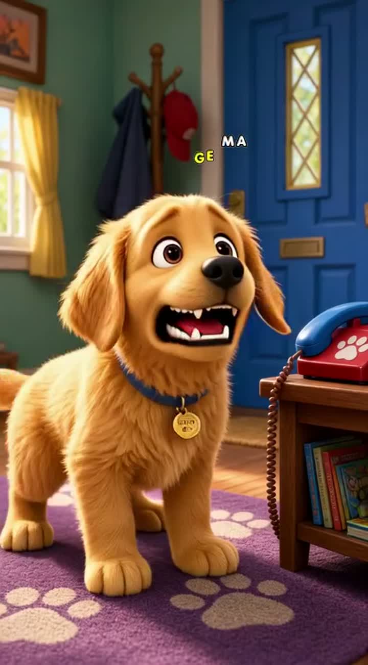 A hilarious colorful 3D cartoon of a golden retriever calling… — AI cartoon