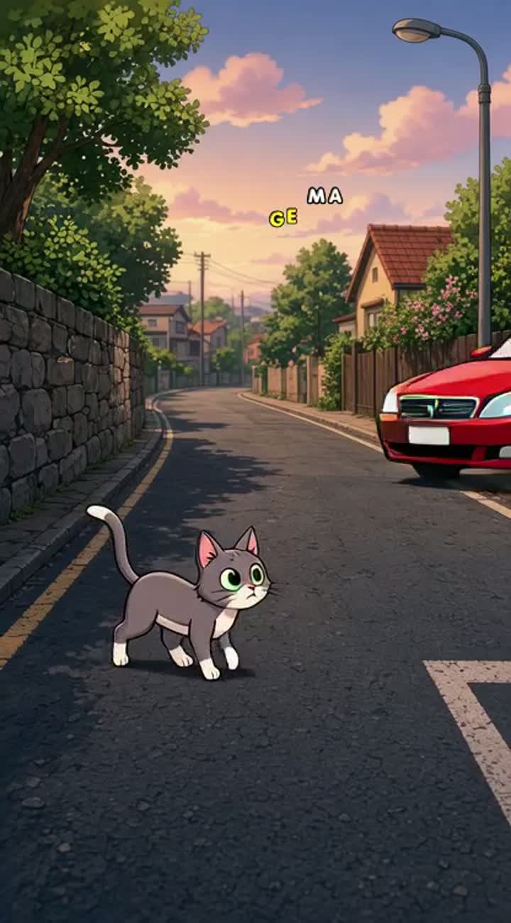 A cat is walking on the road when a car suddenly hits it — AI cartoon