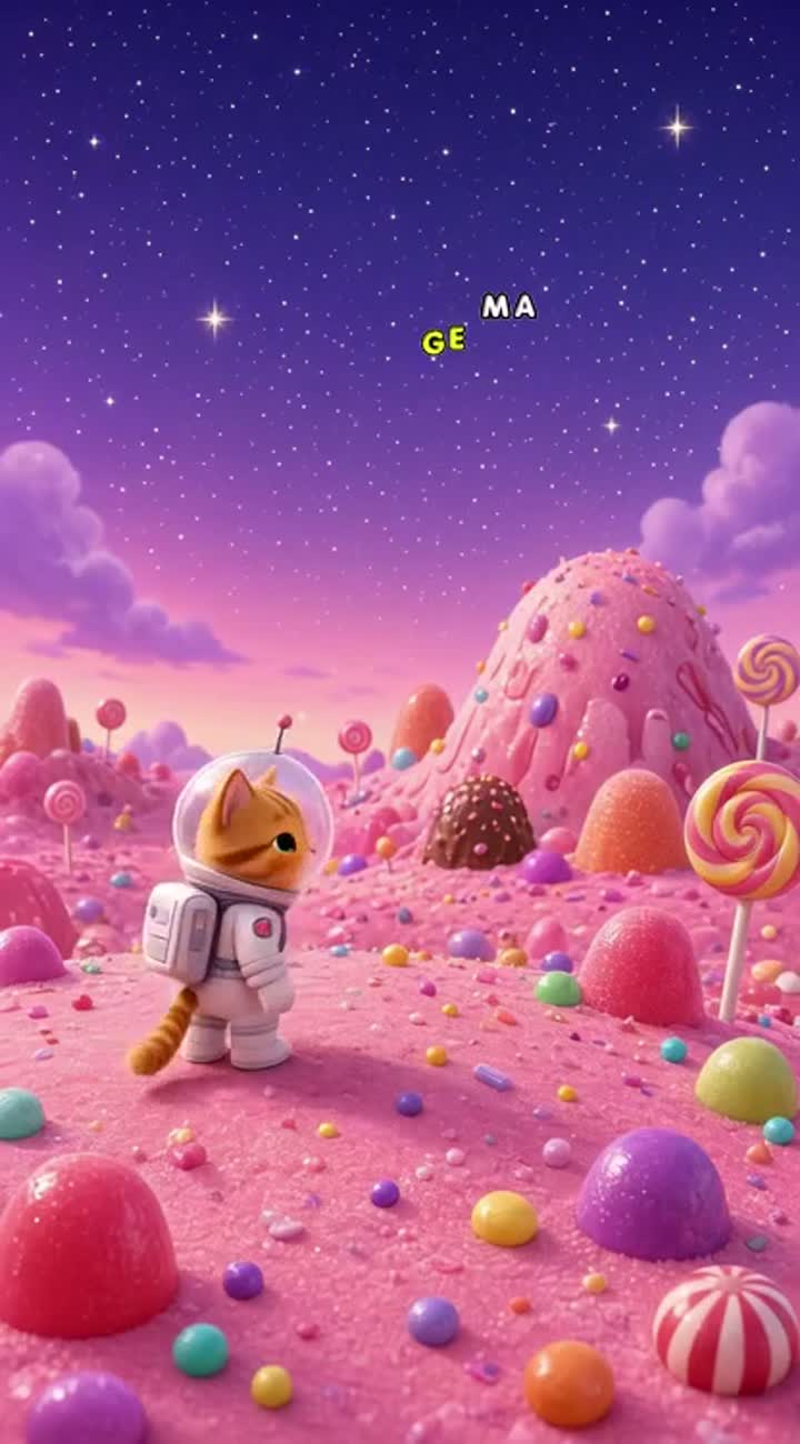 A tiny astronaut cat discovering a candy planet hindi — AI cartoon