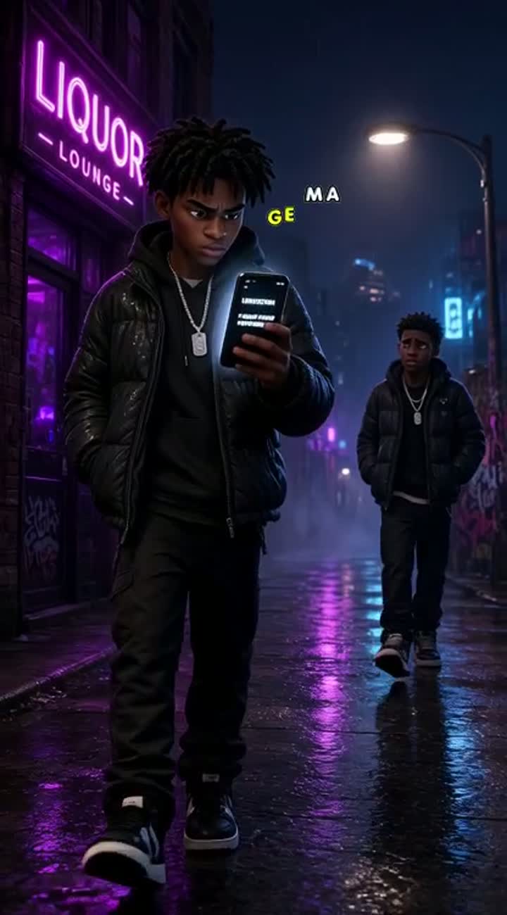 On a rain-soaked city block at night, neon signs reflect across… — AI cartoon