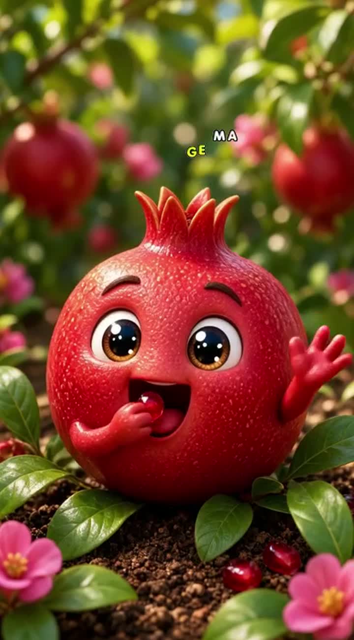 A cute baby pomegranate with big sparkling eyes eats a tiny piece… — AI cartoon