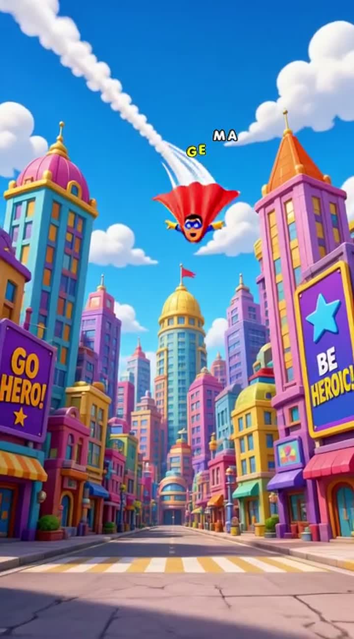 Funny cartoon superhero flies into a colorful city… — AI cartoon