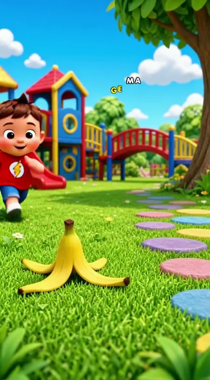 A funny 3D cartoon boy running in a colorful playground… — AI cartoon