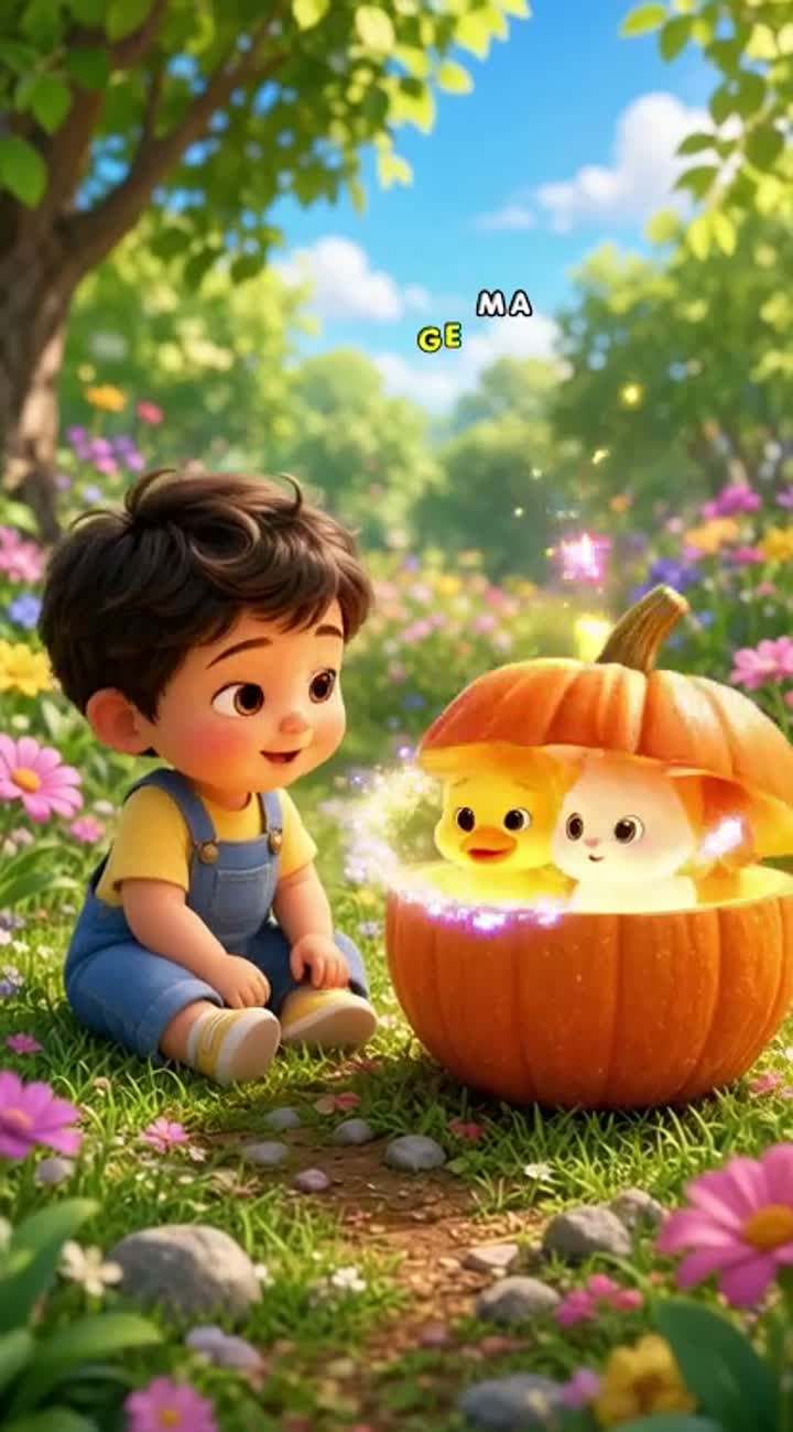 A happy toddler discovers a magical orange pumpkin — AI cartoon