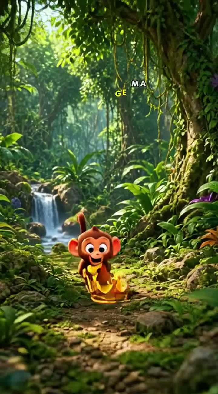 A cute little monkey with big expressive eyes finds a shiny golden… — AI cartoon